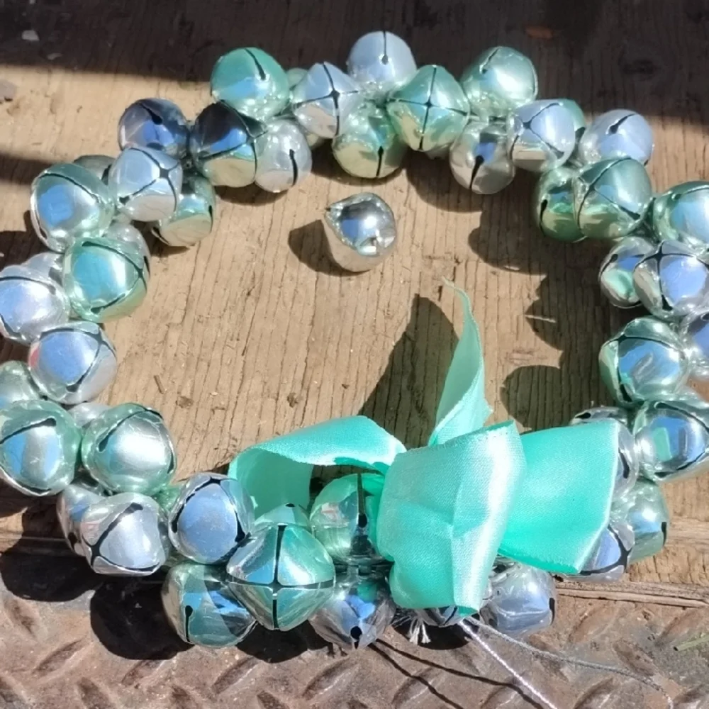 Silver and Aqua Jingle Bells Metal Wreath with Aqua Ribbon